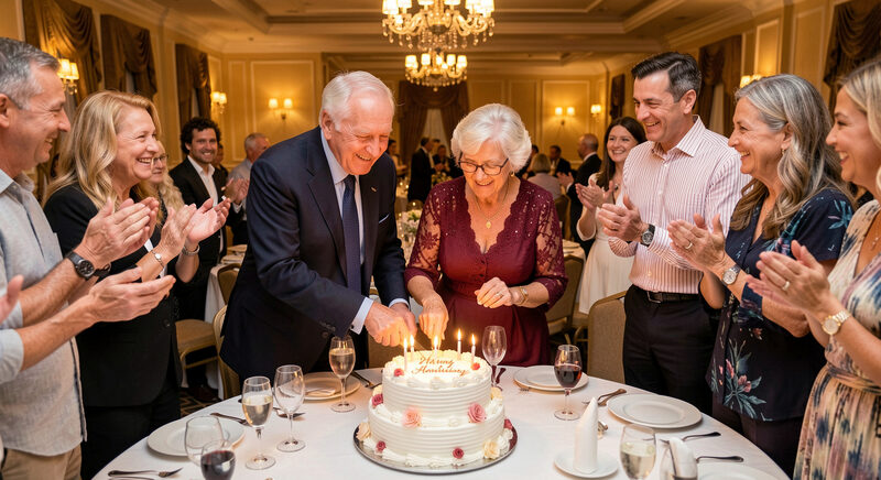 An older couple cutting an anniversary cake in a banquet hall while family members clap around them.
