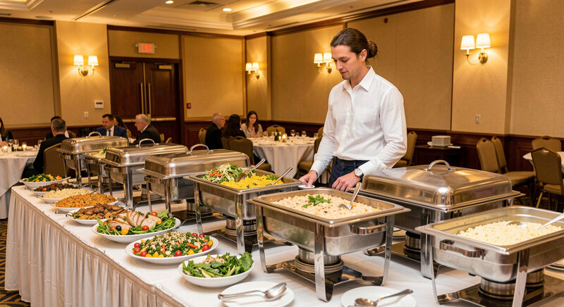 A buffet line of chafing dishes and salads in a banquet room, a server in a white shirt standing behind the table.