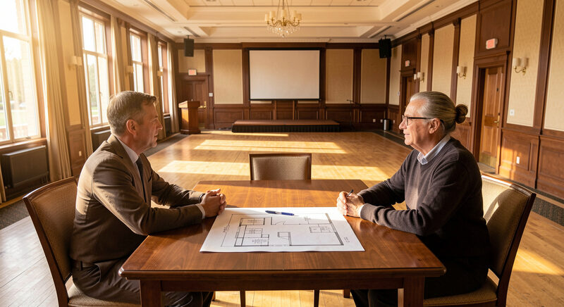 Two people sitting across a table from a venue manager in an empty banquet hall, a floor plan and a pen between them.