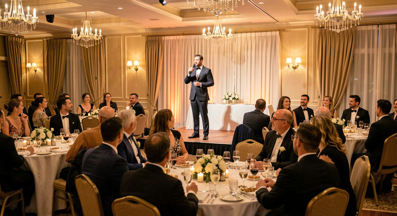 A master of ceremonies holding a microphone at a small stage while guests seated at round tables watch.